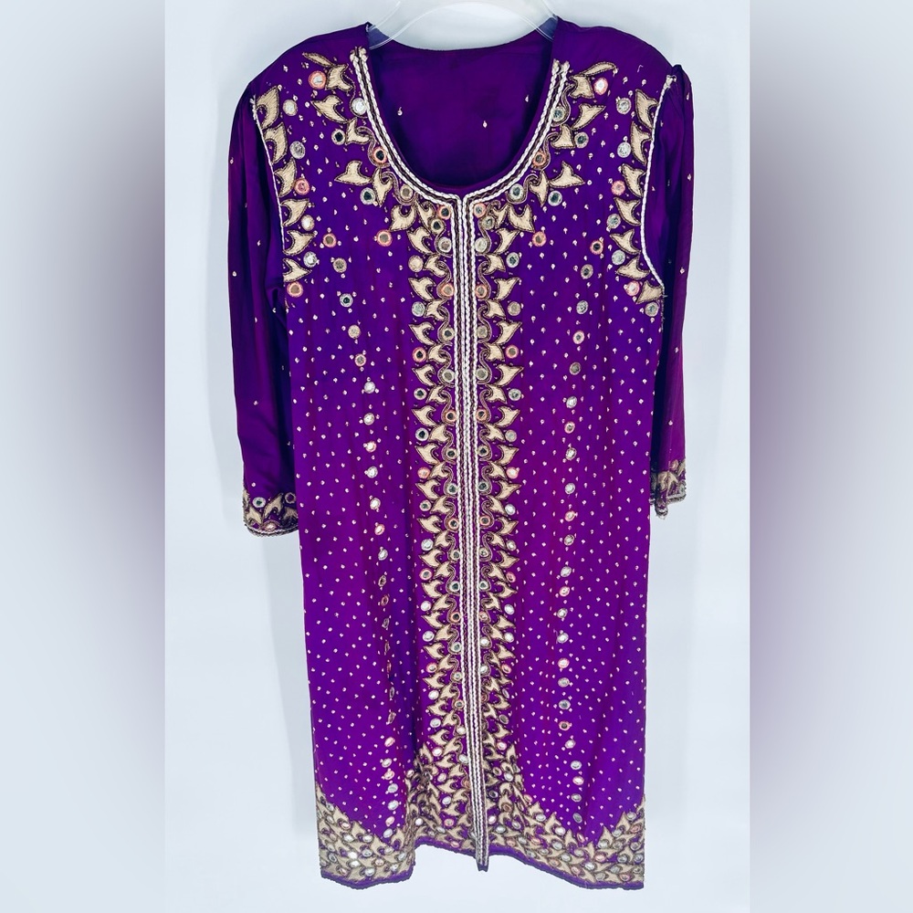 Purple Embellished Long Dress Silk Kurta Dress Indian Wedding Party Vintage